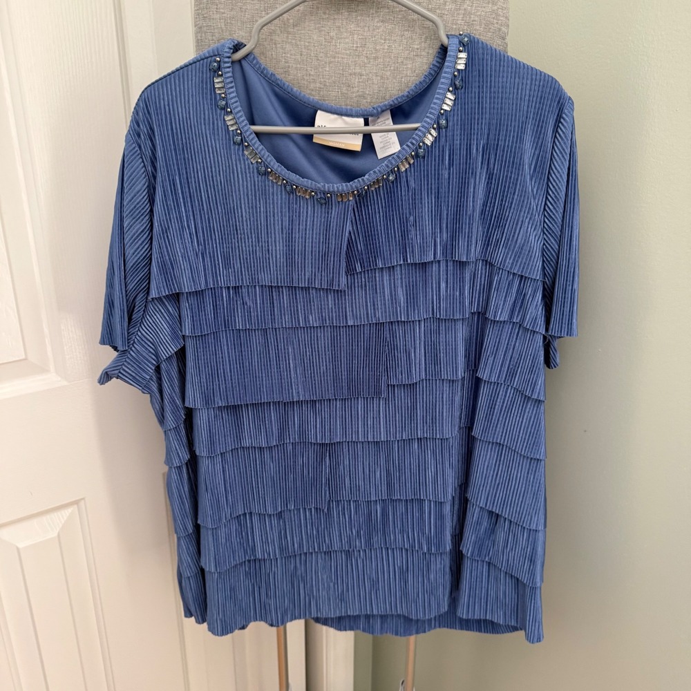 Alfred Dunner Blue Pleated Tiered Blouse 3X Beaded Embellished Plisse Top